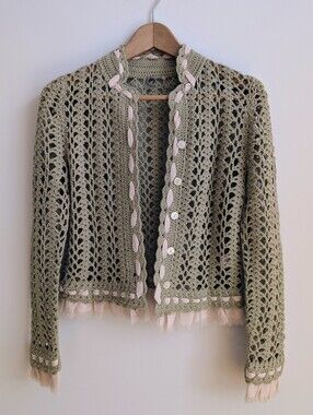 One Girl Approx XS Cotton Blend Crochet Loose Knit Cardigan Sweater Sage Green